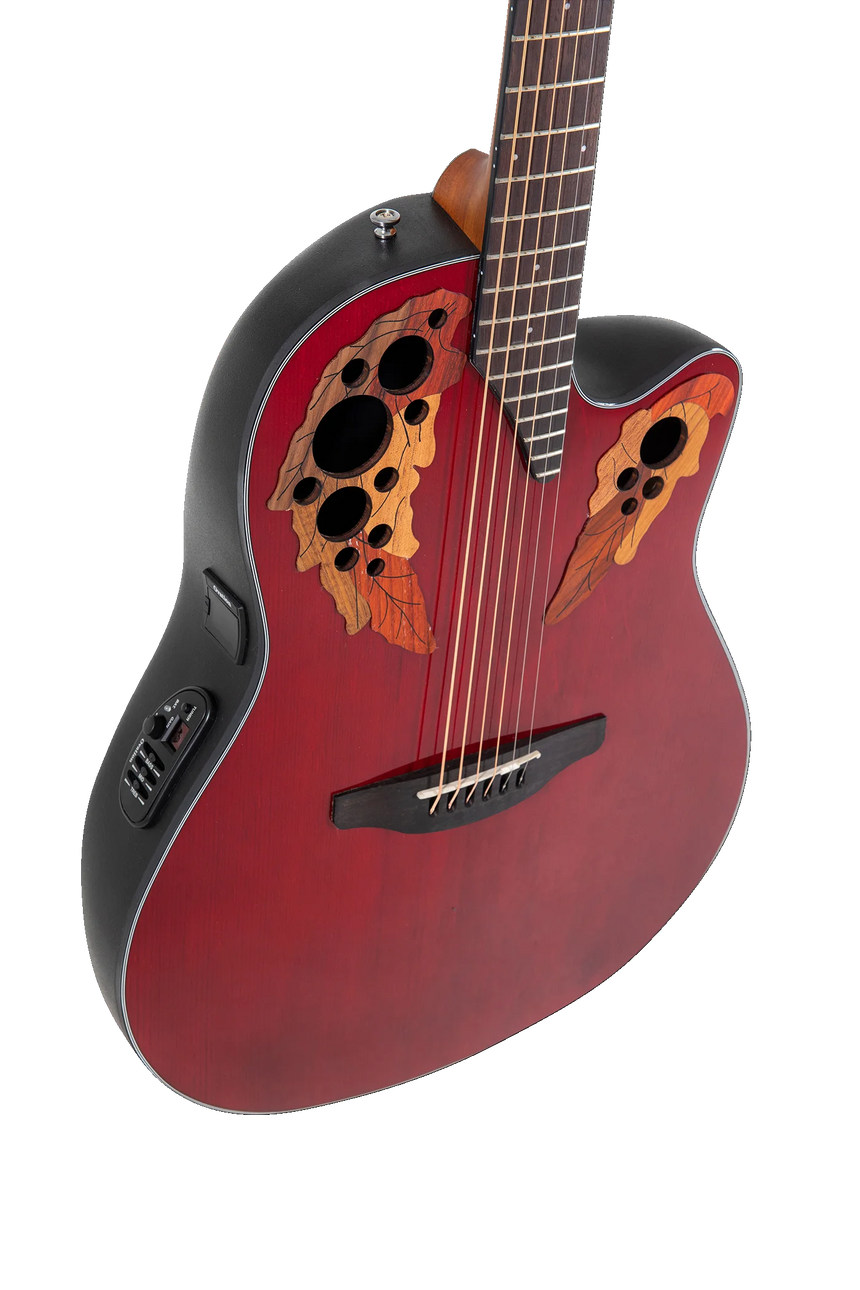 Ovation CE44-RR-G acoustic guitar in Ruby Red – body detail
