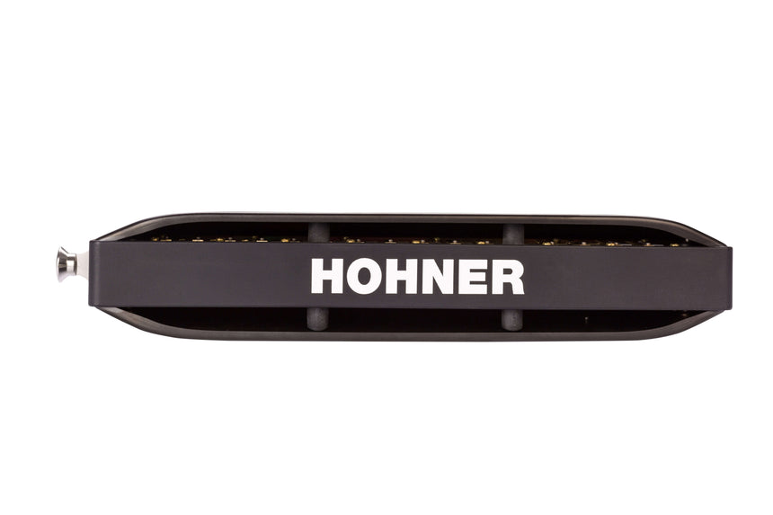 Harmonica Hohner Super 64X Performance noir – vue latérale avec le nom Hohner