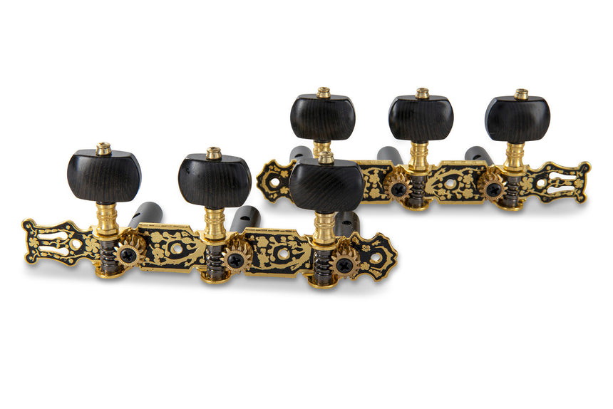 GEWA Fire & Stone 545.345 classical guitar machine heads in black and gold – front view of both machine head plates