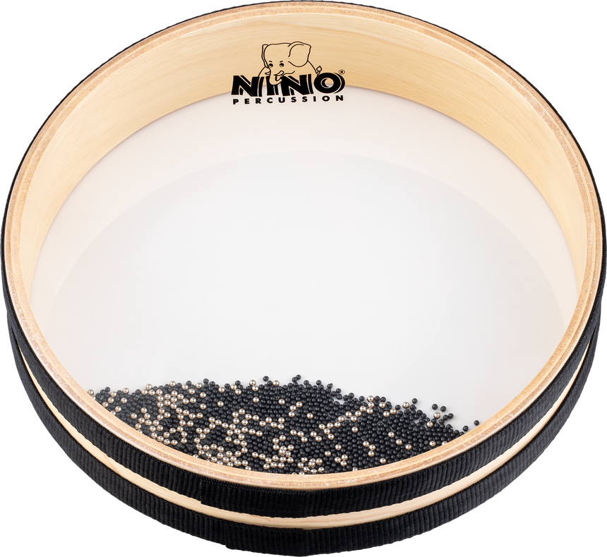 Sea Drum NINO Percussion NINO34 de 10 pouces, bois naturel – vue oblique du cadre et de la peau transparente