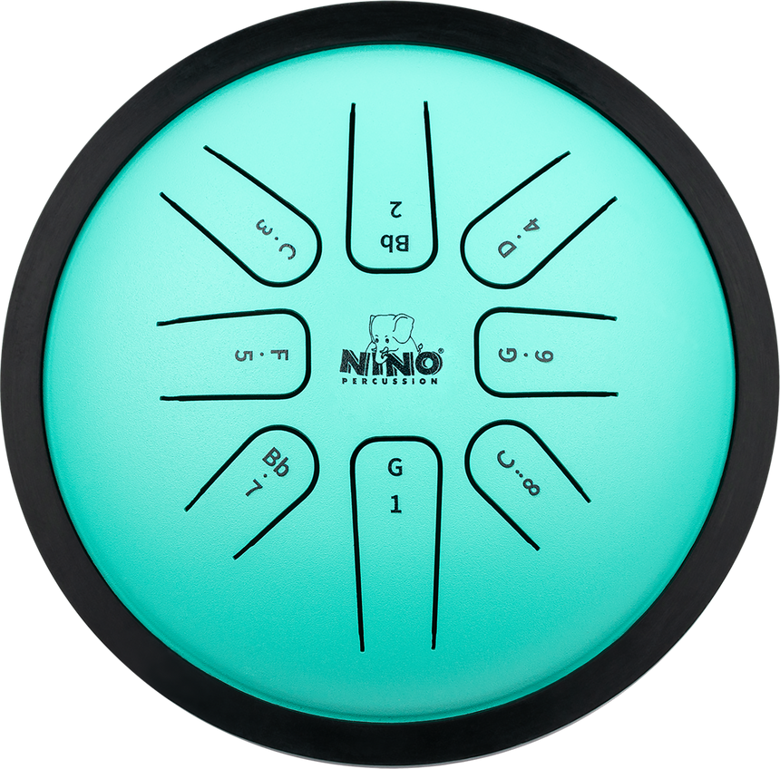 Mint green NINO Percussion NINO982 steel tongue drum – top view of the labelled tongues
