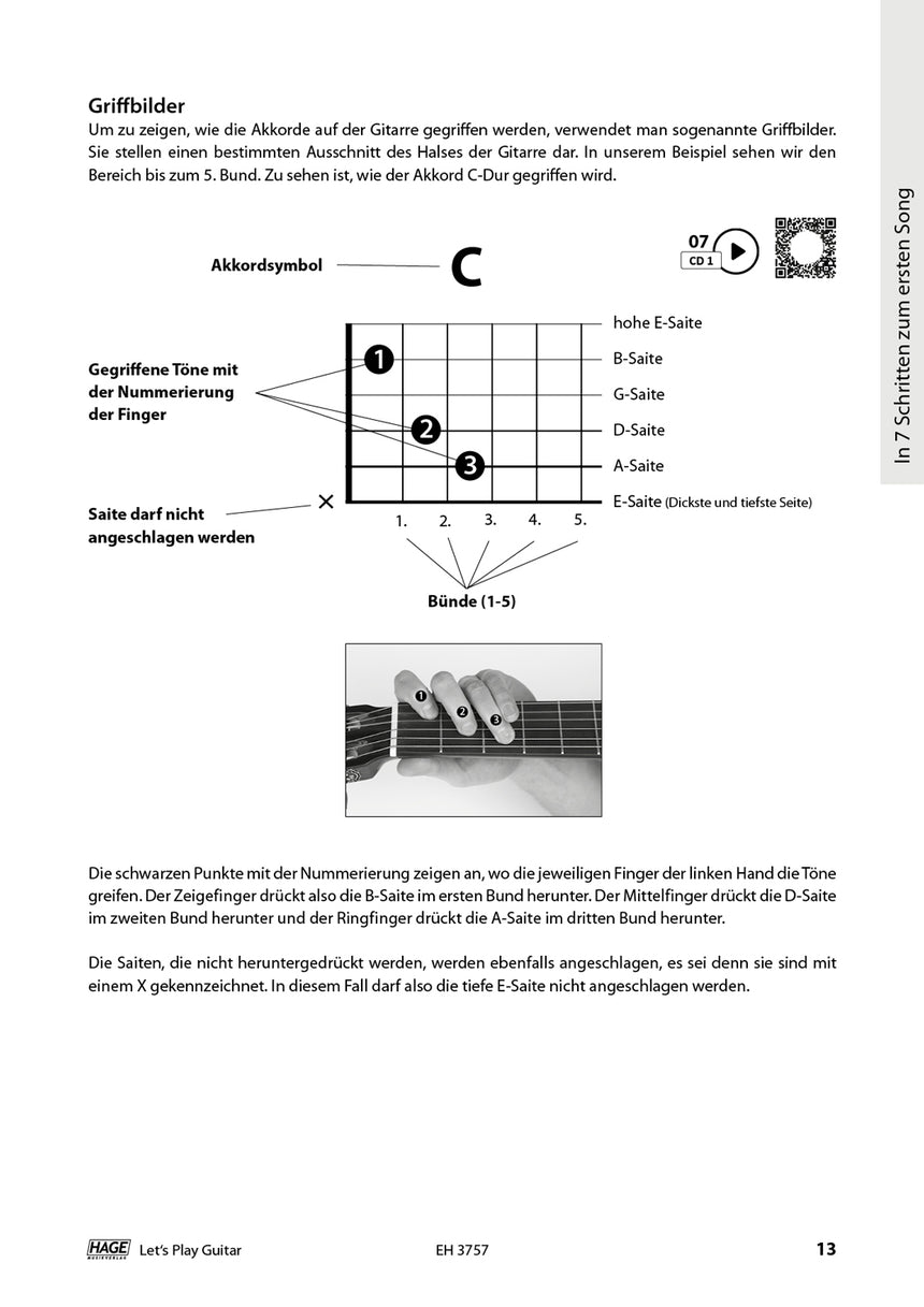 Let's Play Guitar Band 1 – Page intérieure avec accord de do et diagramme de position