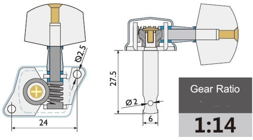 Mécanique de guitare GEWA 545.790 chromée – dessin technique coté