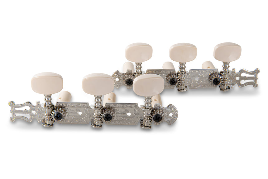 GEWA F&S nickel-plated classical guitar tuning machine set with lyre plates and six white buttons, front view.
