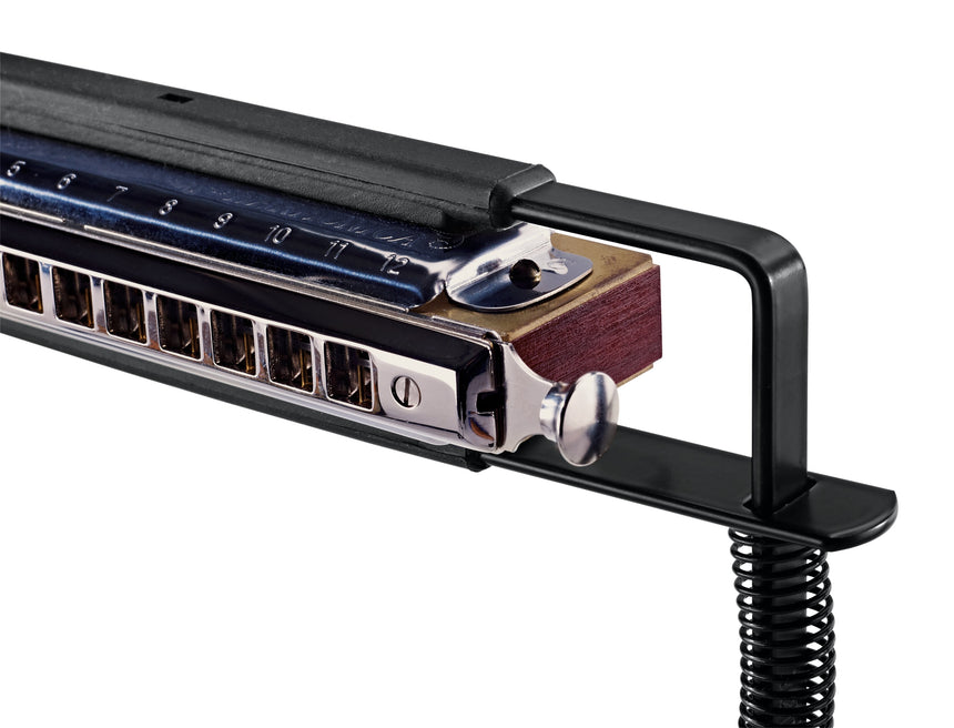 König & Meyer 16416 black harmonica holder, support detail with demonstration instrument