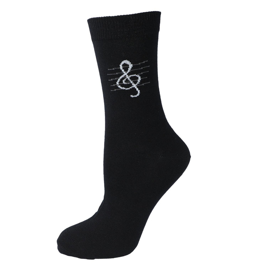 Black Kübler sock stretched to show the treble clef pattern, on white