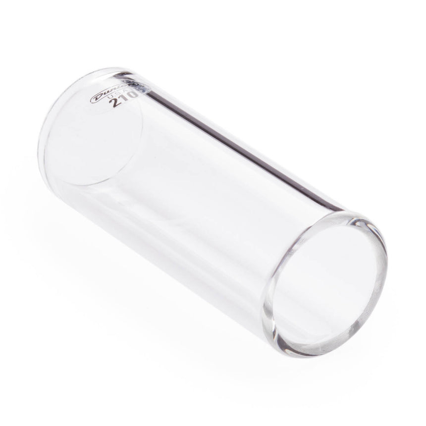 Dunlop 210 Glass Medium Wall Medium Slide, verre transparent, modèle 210 – vue latérale inclinée sur fond blanc avec extrémités ouvertes