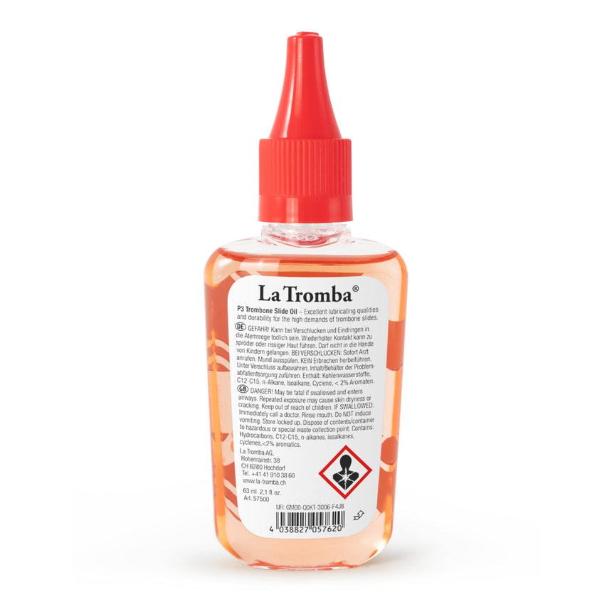 La Tromba P3 Posaunenzugöl, 63-ml-Flasche von hinten.