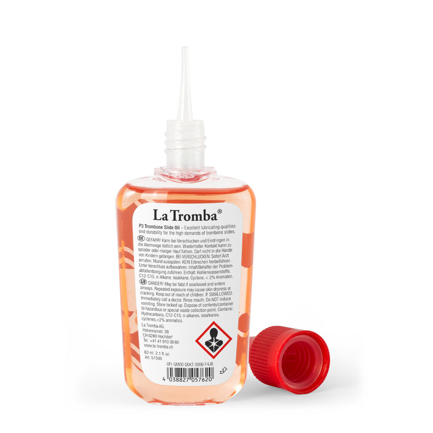 La Tromba P3 Posaunenzugöl, 63-ml-Flasche mit geöffneter Dosierspitze.