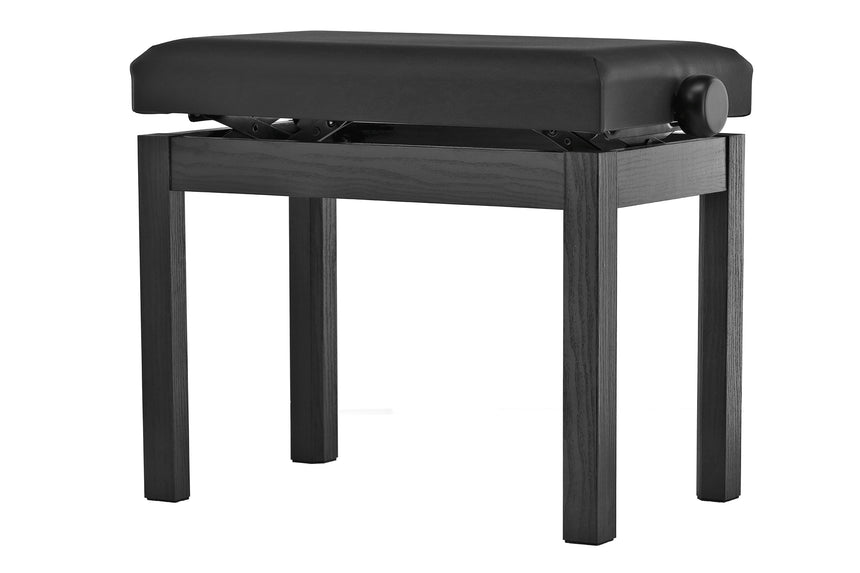 Banquette de piano GEWA F900.540, structure noire mate et assise en similicuir noir – vue arrière de trois quarts