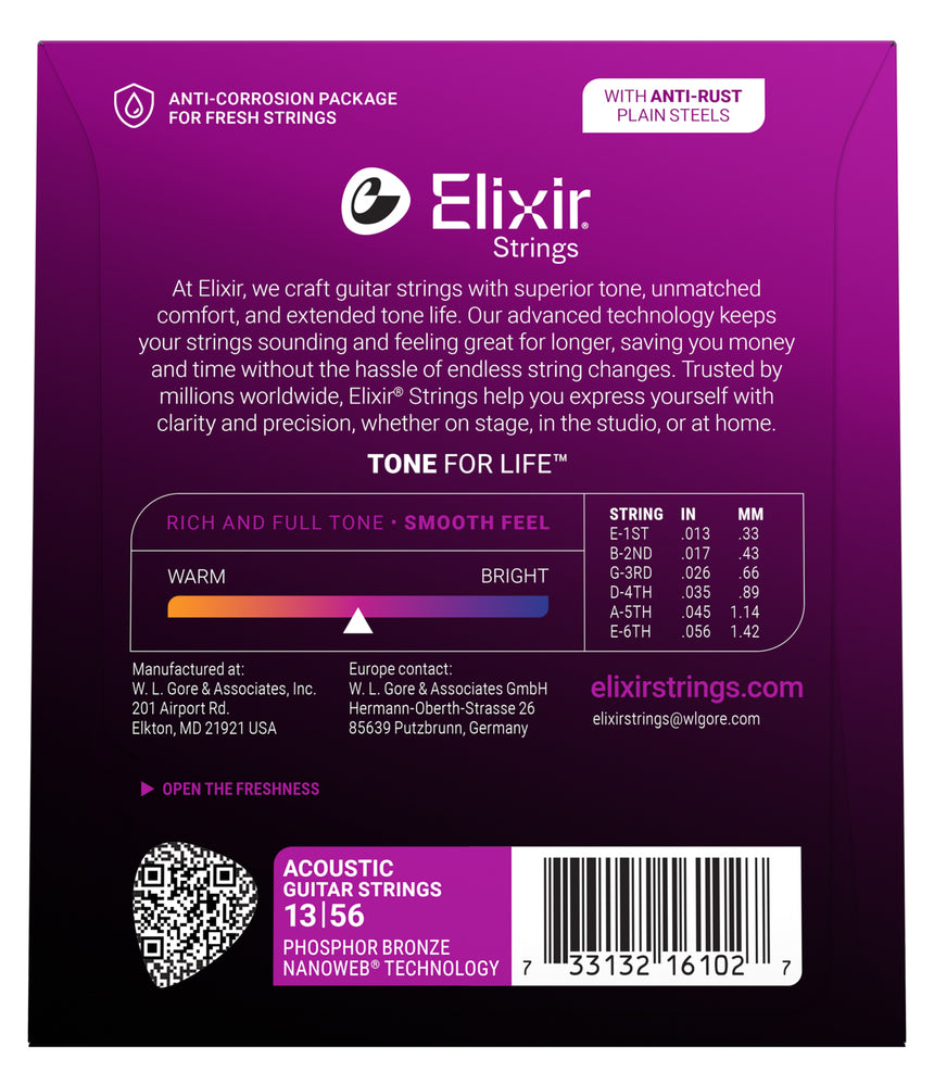 Elixir 16102 NANOWEB Phosphor Bronze 13/56 Medium – back of package with gauges and product number