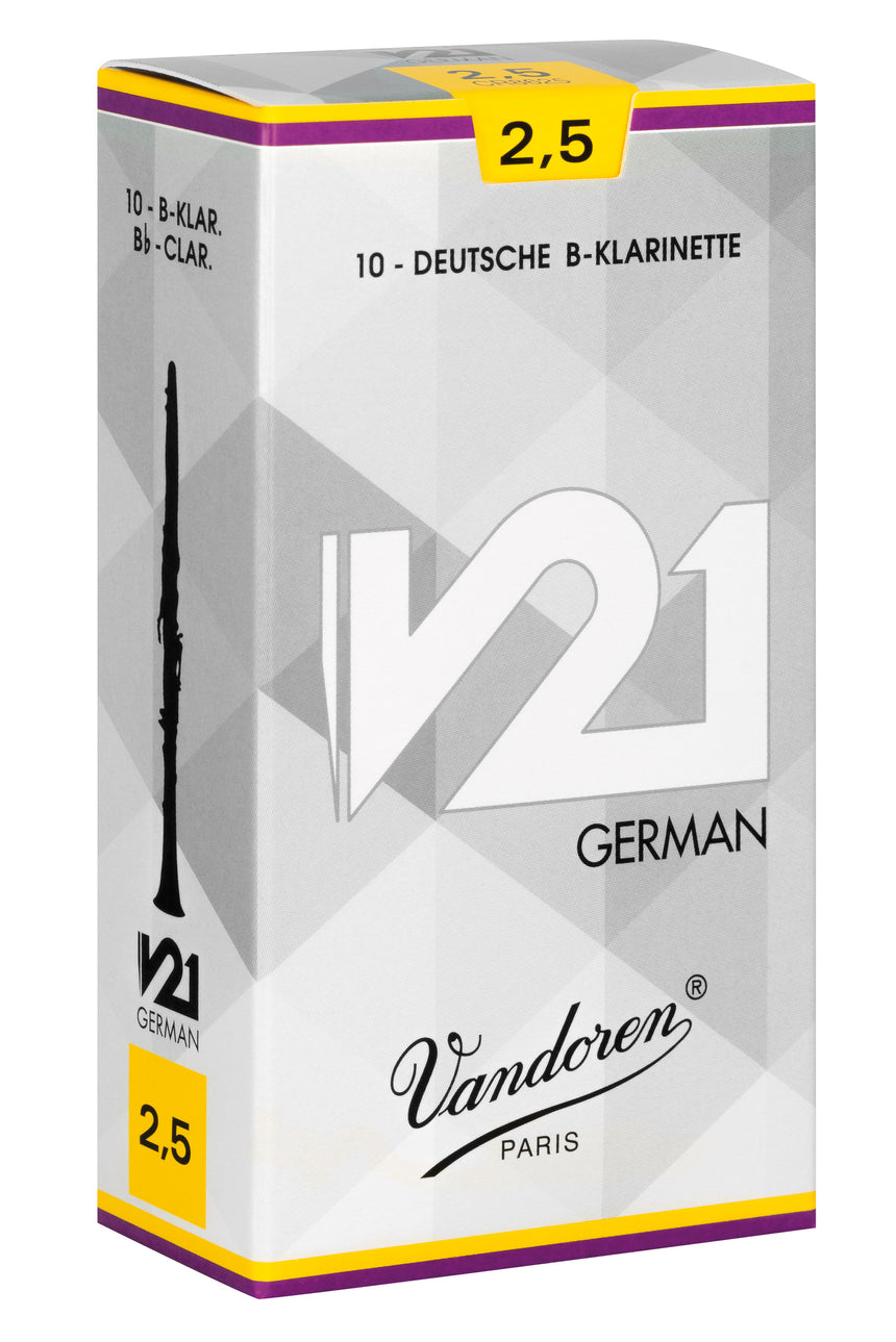 Vandoren V21 German, anches de clarinette en si bémol, boîte de 10, force 2,5 – vue de la boîte