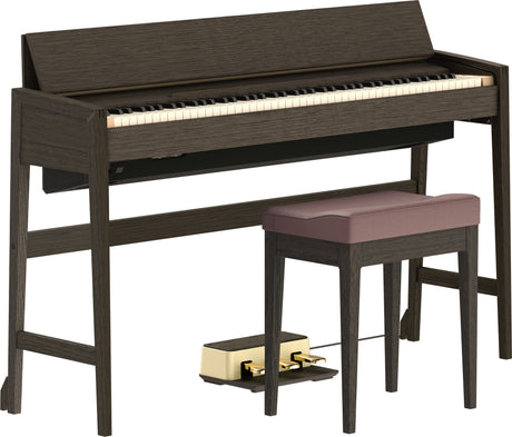 Roland KIYOLA KF-25 Smoked Oak – Seitenansicht mit Pianobank und 3-Pedal-Einheit