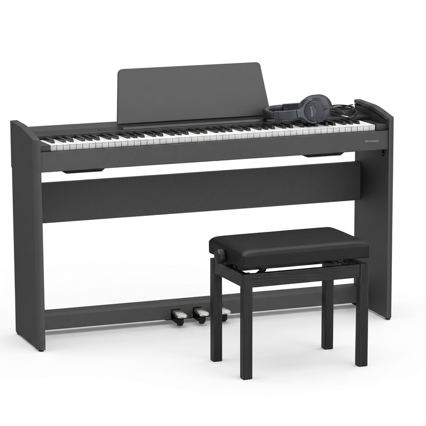 Roland F-107 Schwarz Matt Bundle mit Bank und Kopfhörer – bundle-hero