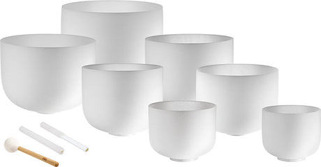 MEINL Sonic Energy Kristallklangschalen Chakra-Set 432 Hz Bundle (white frosted) mit Transporttasche
