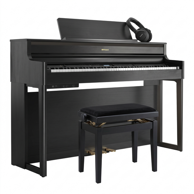 Roland HP-704 Bundle Schwarz Matt mit Bank und Kopfhörer – bundle-hero