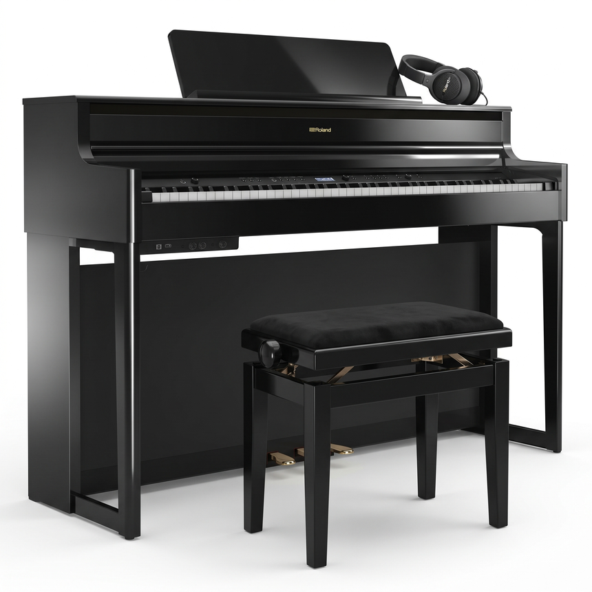 Roland HP-704 Bundle Schwarz Poliert mit Bank und Kopfhörer – bundle-hero
