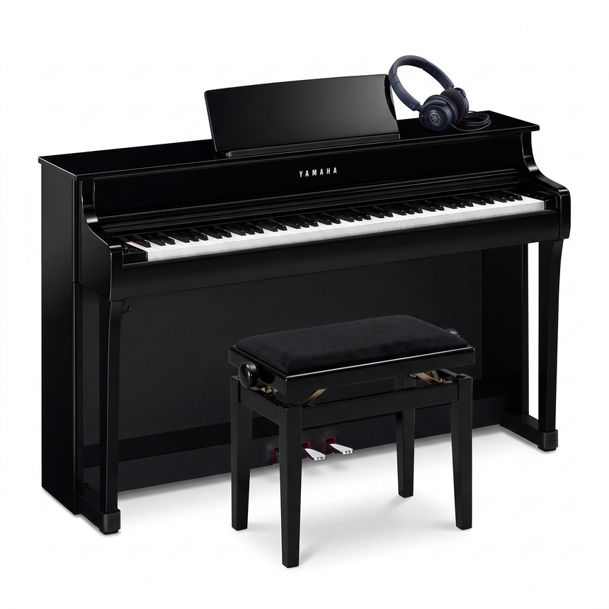 Yamaha CLP 835 Schwarz Poliert Bundle mit Bank und Kopfhörer – bundle-hero