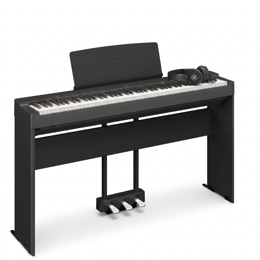Yamaha P-225 Schwarz Bundle mit Ständer, Pedalen und Kopfhörer – bundle-hero
