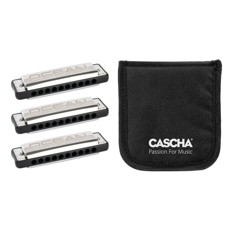 Cascha Ocean Rock Blues Mundharmonika Black 3er Set C-G-G mit Tasche – diatonisch nach Richter, 10 Loch mit Phosphor-Bronze-Stimmzungen - Musik-Ebert Gmbh