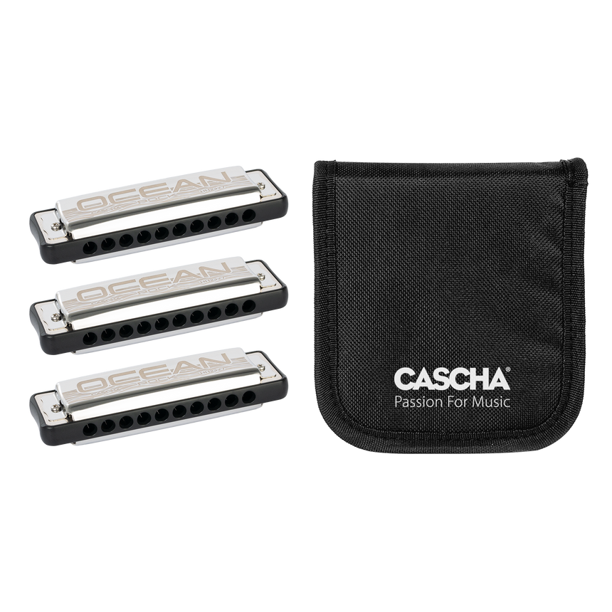 Cascha Ocean Rock Blues Mundharmonika Black 3er Set C-G-G mit Tasche – diatonisch nach Richter, 10 Loch mit Phosphor-Bronze-Stimmzungen