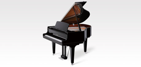 Kawai GL-10 grand piano in polished ebony with chrome fittings and open lid, studio view