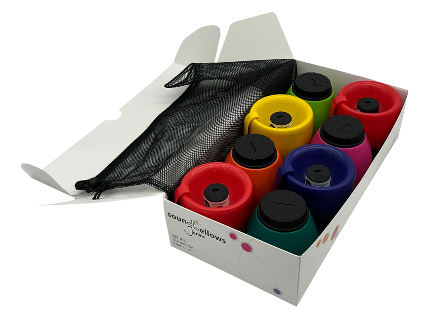 Soundbellows Jumbo SBS-JDL, multicolore, gamme diatonique grave – emballage ouvert avec instruments