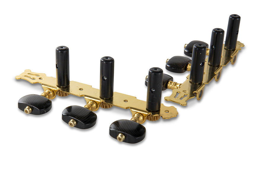 GEWA Fire & Stone 545.345 classical guitar machine heads in black and gold – angled rear view with shafts