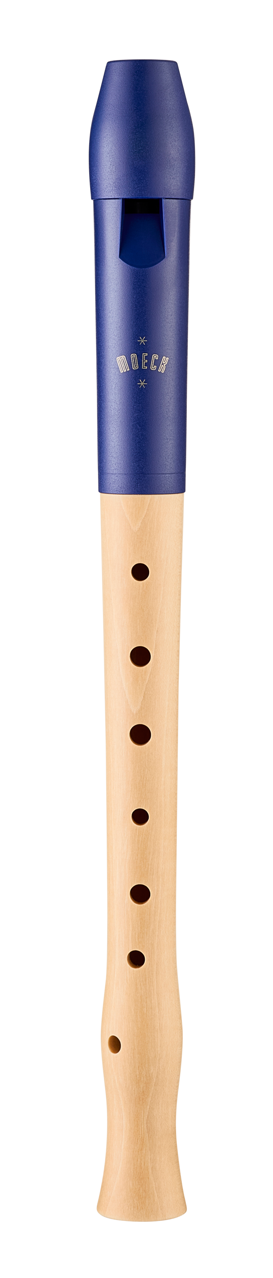 Flûte à bec soprano Moeck Flauto 1 Plus 1024 bleue et érable naturel – vue de face avec canal visible
