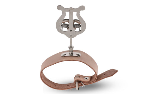 Lyre de flûte GEWA 730.490 nickelée avec bracelet en cuir brun, vue avant