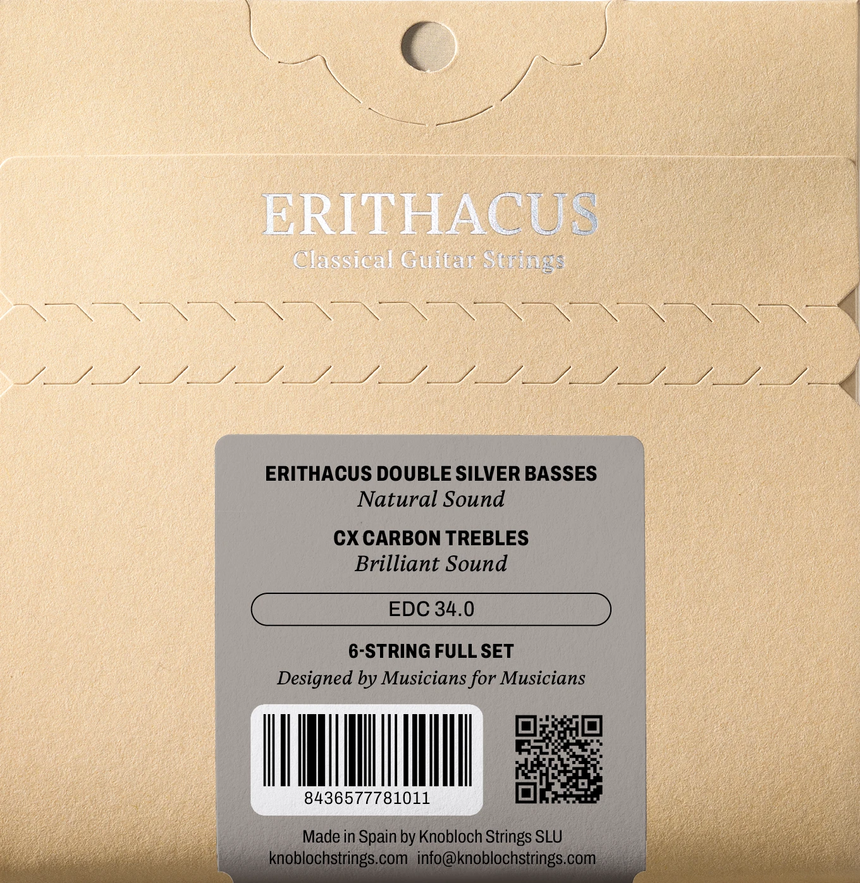 Knobloch Erithacus EDC34.0 Gitarrensaitensatz, Medium-High Tension – Verpackungsrückseite mit Barcode