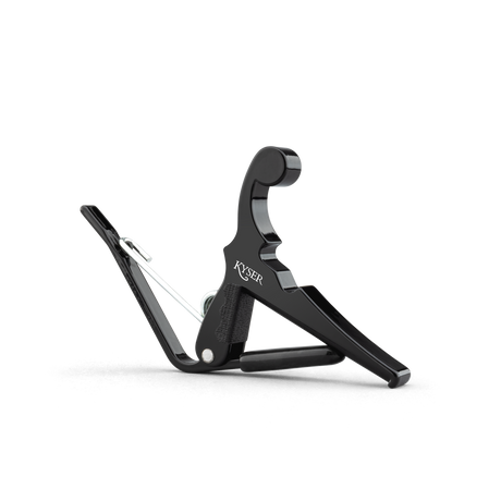 Black Kyser KBMBA Quick-Change capo for banjo, mandolin and ukulele – three-quarter view on white.