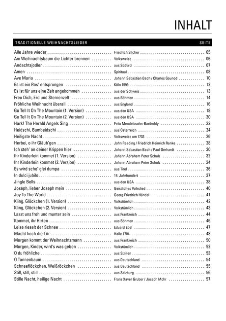Inhaltsverzeichnis: traditionelle Weihnachtslieder und Seitenzahlen.