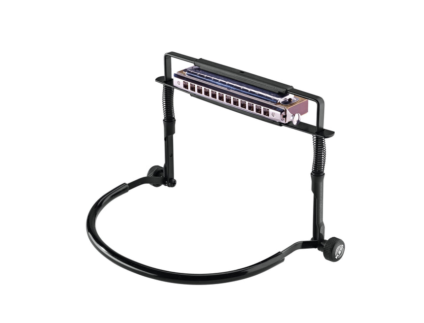 König & Meyer 16416 black harmonica holder, shown with a demonstration harmonica