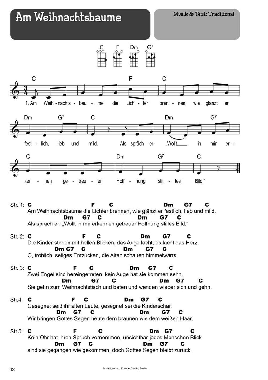 100 chansons pour enfants pour ukulélé, volume 2 BOE7964 – extrait Am Weihnachtsbaume