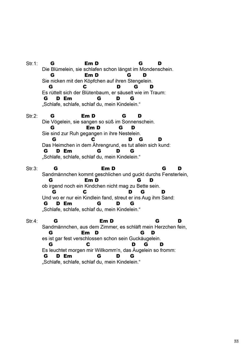 100 chansons pour enfants pour ukulélé, volume 2 BOE7964 – extrait Die Blümelein, sie schlafen