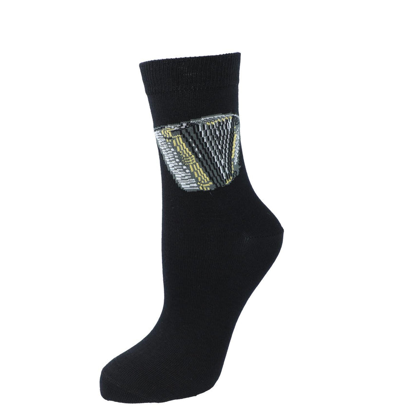 Black Kübler sock stretched to show the accordion pattern, on white