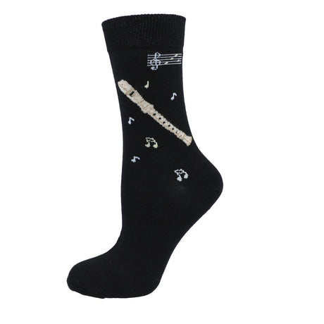 Black Kübler sock stretched to show the recorder pattern, on white