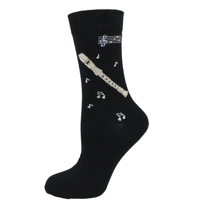 Kübler SORC Blockflöte Socken – schwarze Socke gespannt, Motiv Blockflöte auf weißem Hintergrund