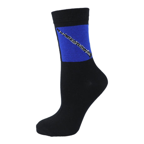 Stretched black Kübler SOCL sock with a clarinet motif in a blue panel, on white