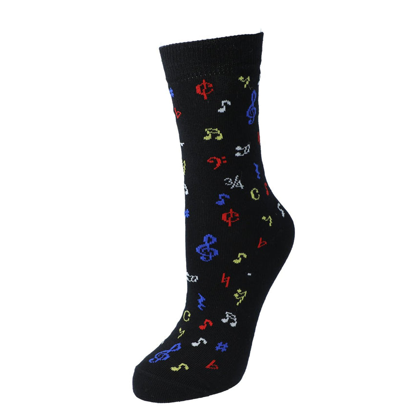 Black Kübler sock stretched to show the multicoloured music notes pattern, on white