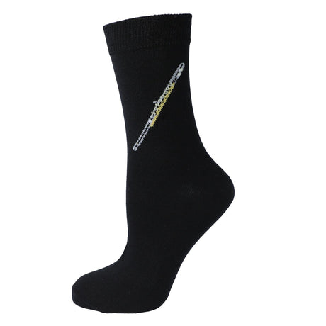 Black Kübler sock stretched to show the concert flute pattern, on white