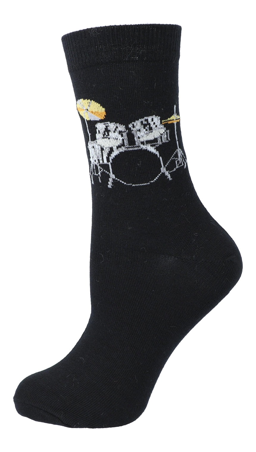 Black Kübler sock stretched to show the drum kit pattern, on white