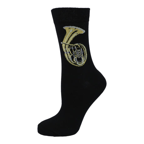 Black Kübler sock stretched to show the tenor horn pattern, on white