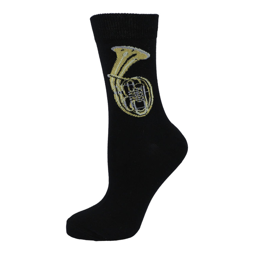 Chaussette Kübler noire tendue, motif saxhorn ténor, sur fond blanc