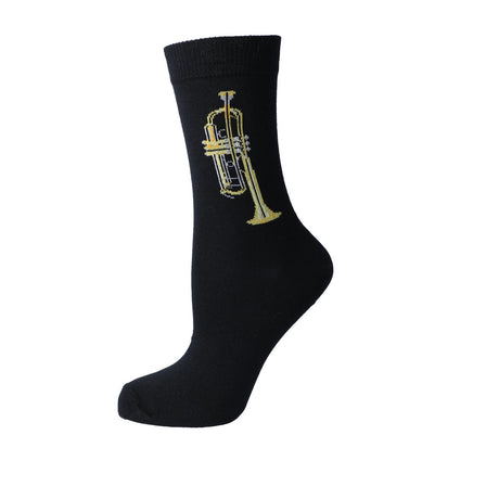 Chaussette Kübler noire tendue, motif trompette, sur fond blanc