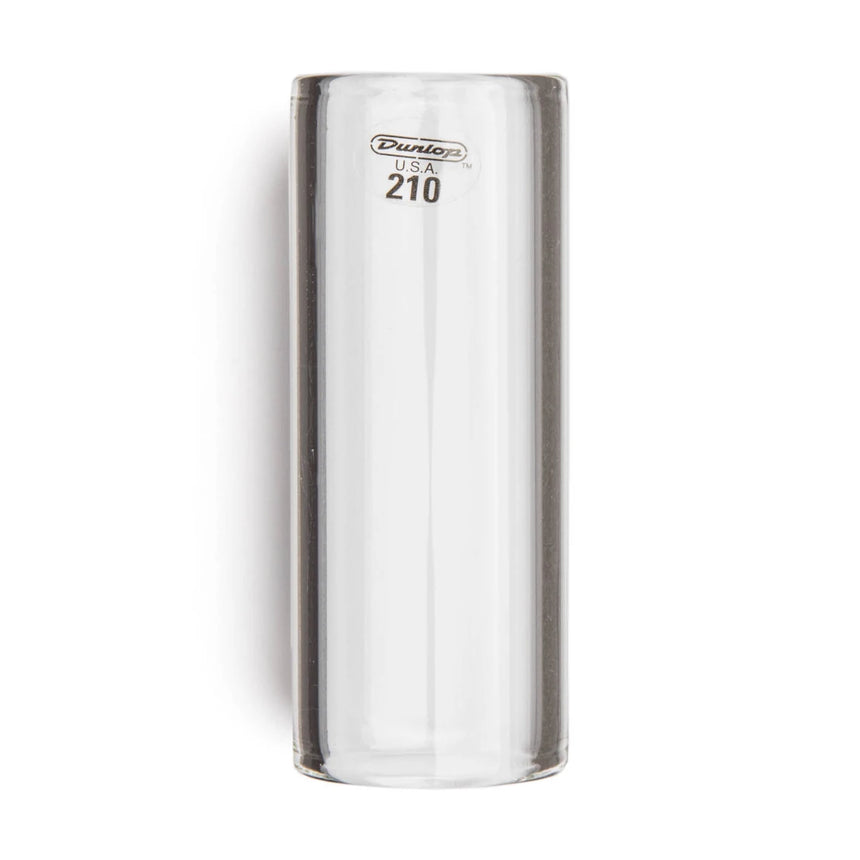 Dunlop 210 Glass Medium Wall Medium Slide, verre transparent, modèle 210 – vue complète verticale sur fond blanc avec marquage 210