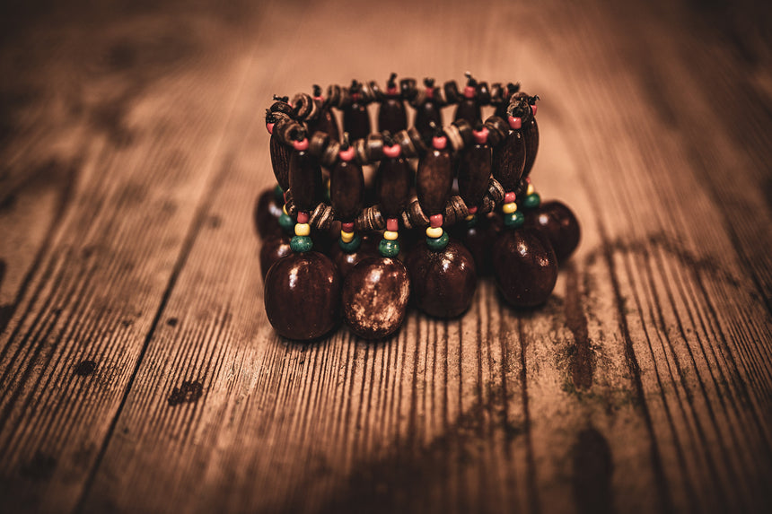 MEINL Sonic Energy Pala bracelet SPB with brown seed shells, on wood, angled top view