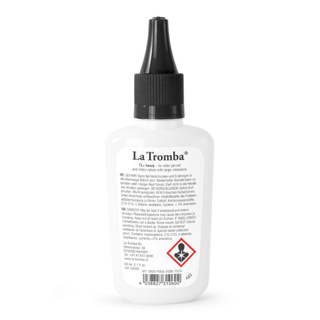 Huile pour pistons La Tromba T1+ Extra Heavy, dos du flacon de 63 ml.