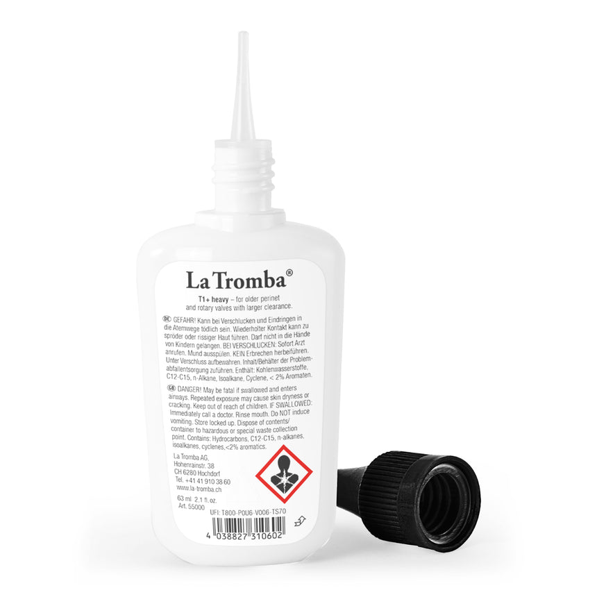 Huile pour pistons La Tromba T1+ Extra Heavy, flacon de 63 ml avec embout doseur ouvert.